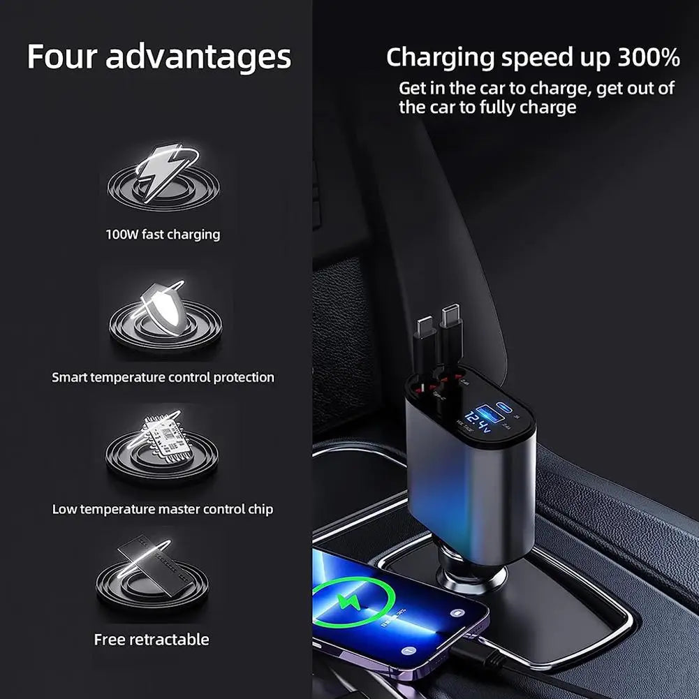 100W 4 IN 1 Retractable Car Charger