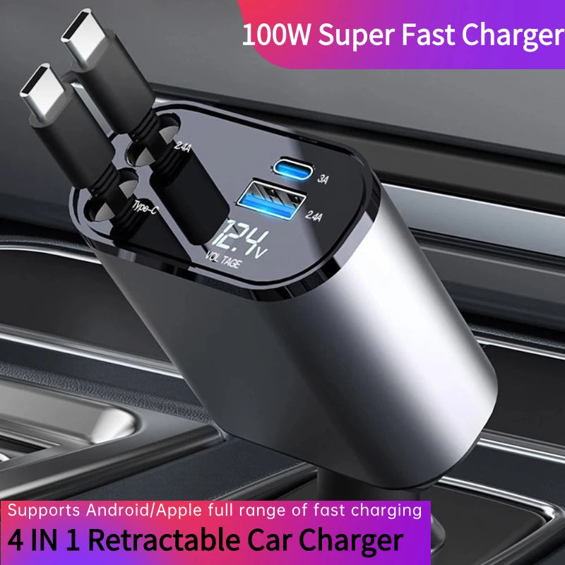 100W 4 IN 1 Retractable Car Charger